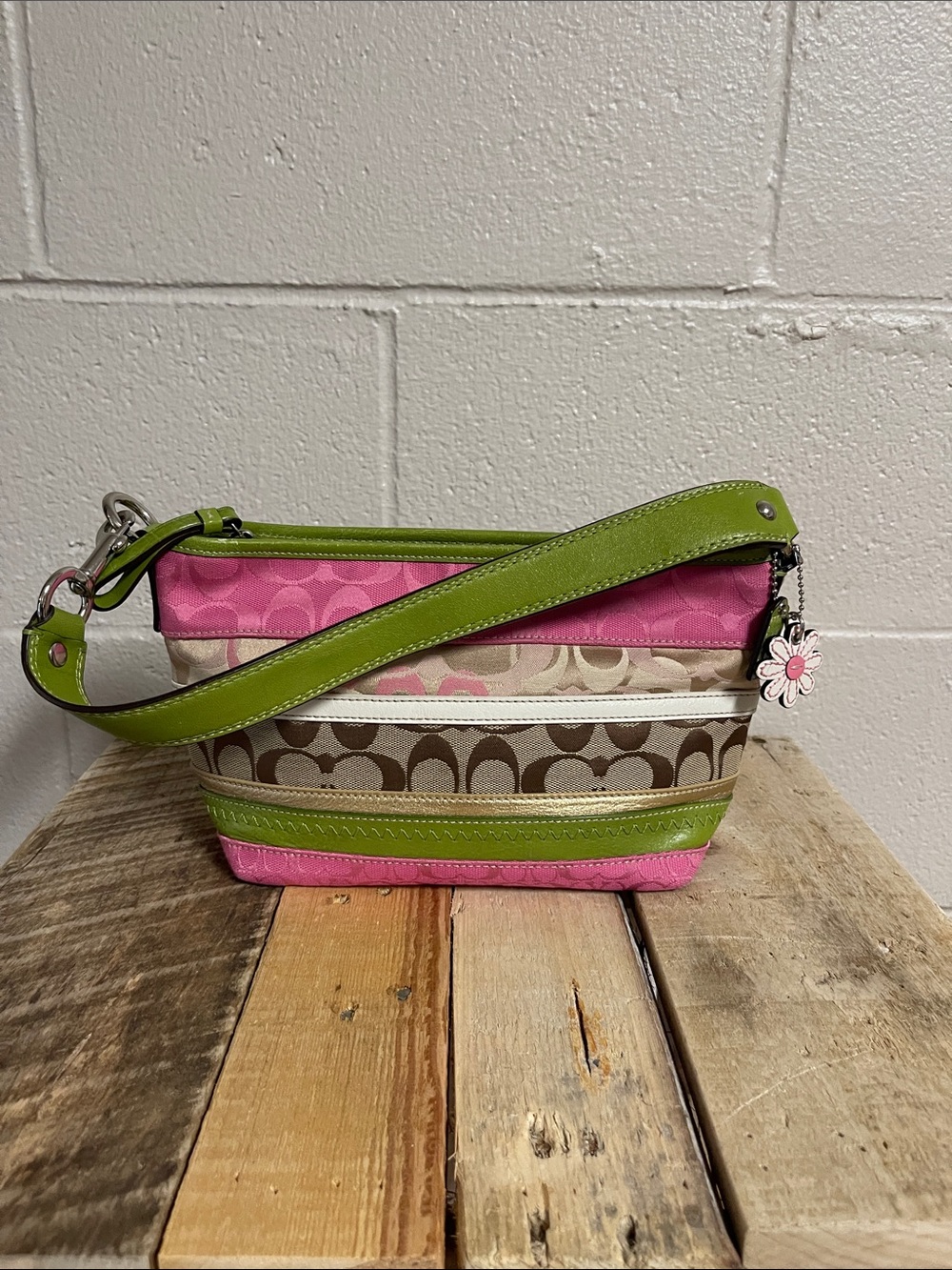 Coach Pink and Green Signature Stripe Crossbody Bag